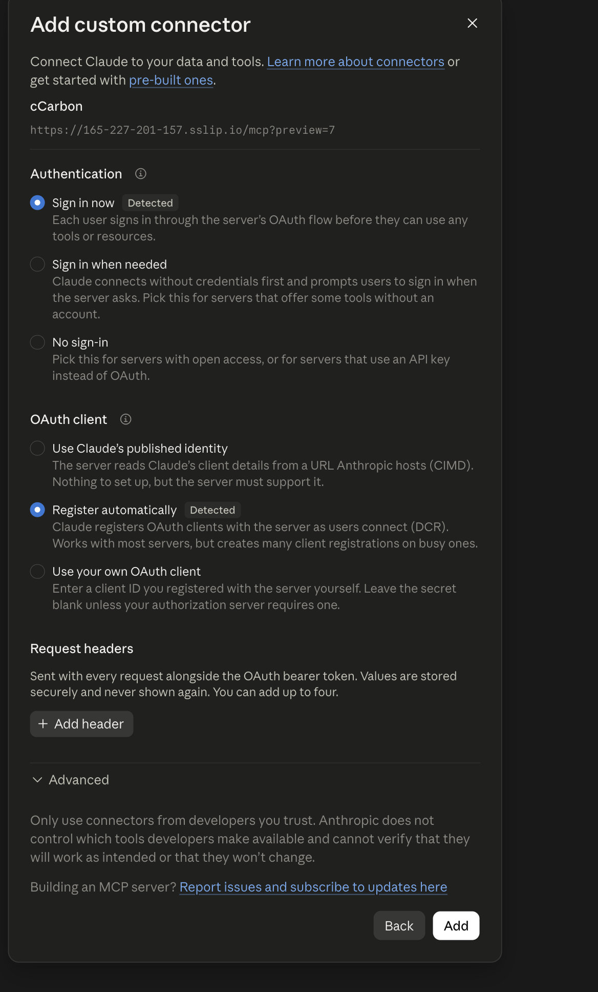 Claude's Add custom connector dialog, step 2 of 2. Authentication is set to Sign in now and OAuth client is set to Register automatically, each marked Detected.