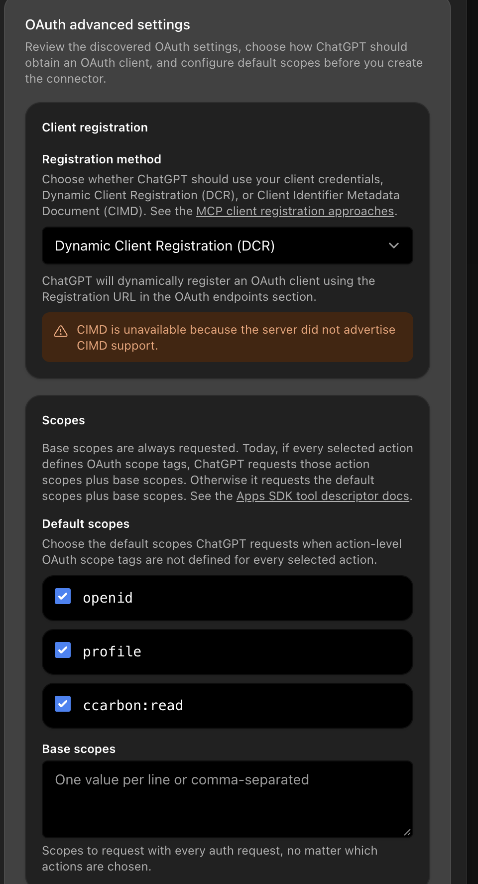ChatGPT's OAuth advanced settings. Registration method is set to Dynamic Client Registration (DCR), CIMD is marked unavailable because the server did not advertise support, and the scopes openid, profile and ccarbon:read are ticked.